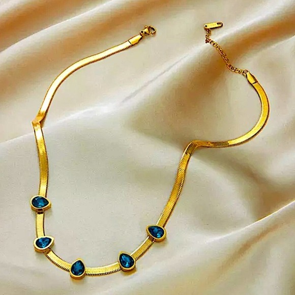 Blue Sapphire Gold Plated Zircon Herringbone Charm Flat Necklace - Picture 4 of 6